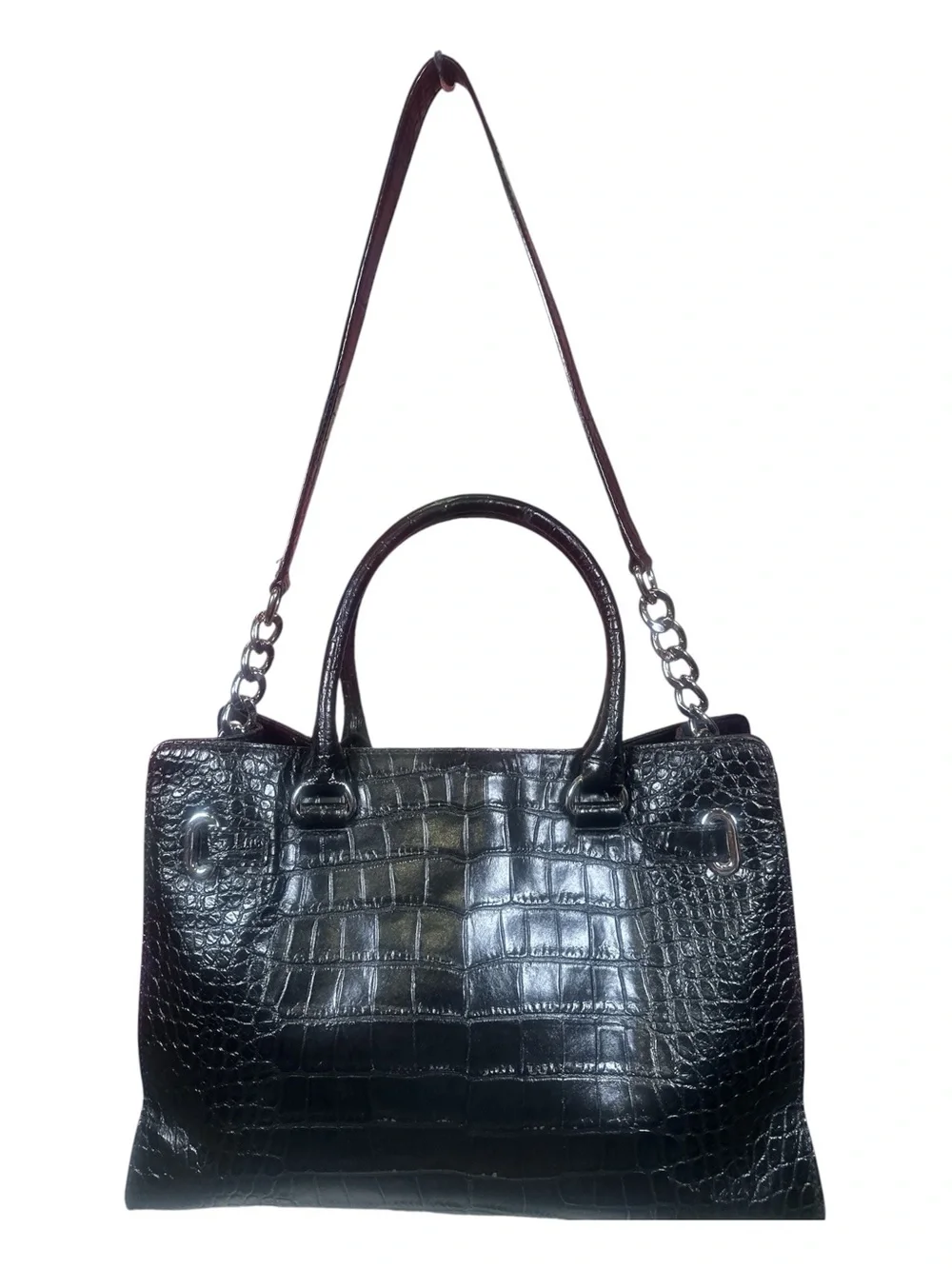 MICHAEL Michael Kors Hamilton Black Croc-Embossed Leather Satchel Shoulder Bag